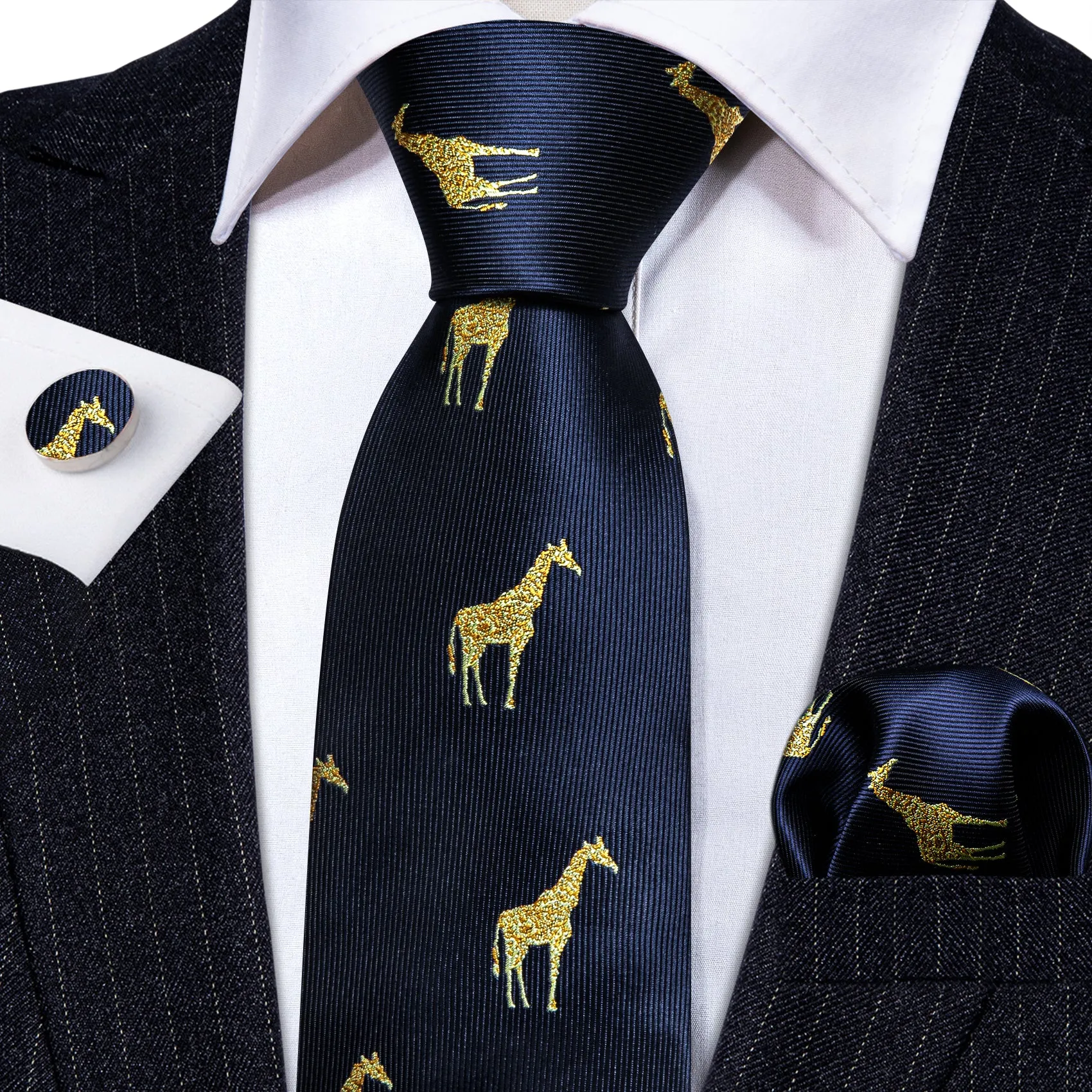 Barry Wang Navy Blue Tie Gold Giraffe Silk Tie Hanky Cufflinks Set sold by Barrywang product image thumbnail 2