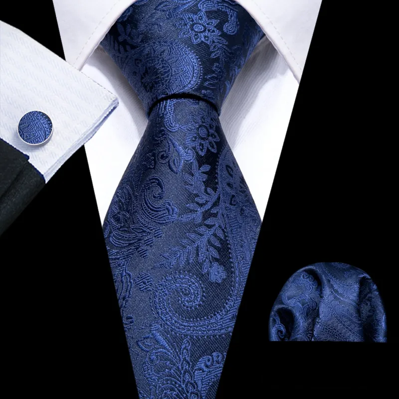 Barry Wang Deep Midnight Blue Paisley Silk Men Tie Hanky Cufflinks Set sold by Barrywang