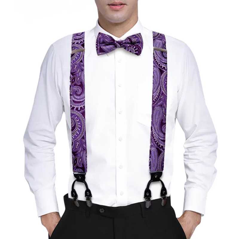 Barry.wang Purple Tie Paisley Y Back Adjustable Suspenders Bow Tie Set sold by Barrywang
