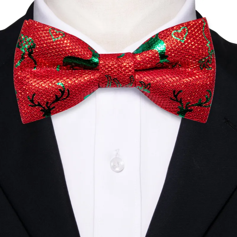 Barry.wang Christmas Tie Bright Red Green Elk Silk Pre-tied Bow Tie sold by Barrywang