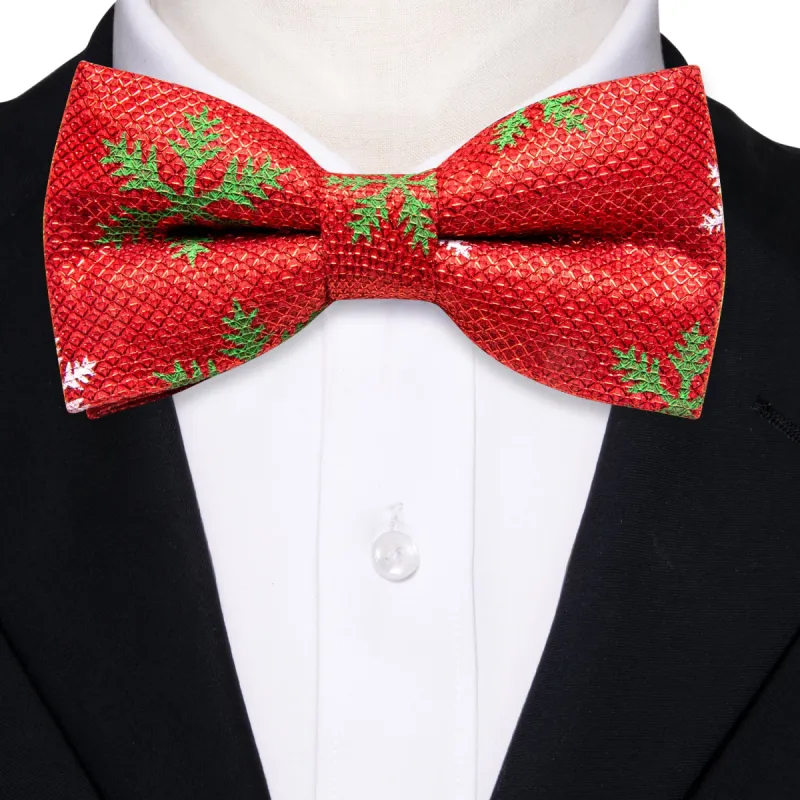 Barry Wang Christmas Bright Red Green Snowflake Silk Pre-tied Bow Tie sold by Barrywang