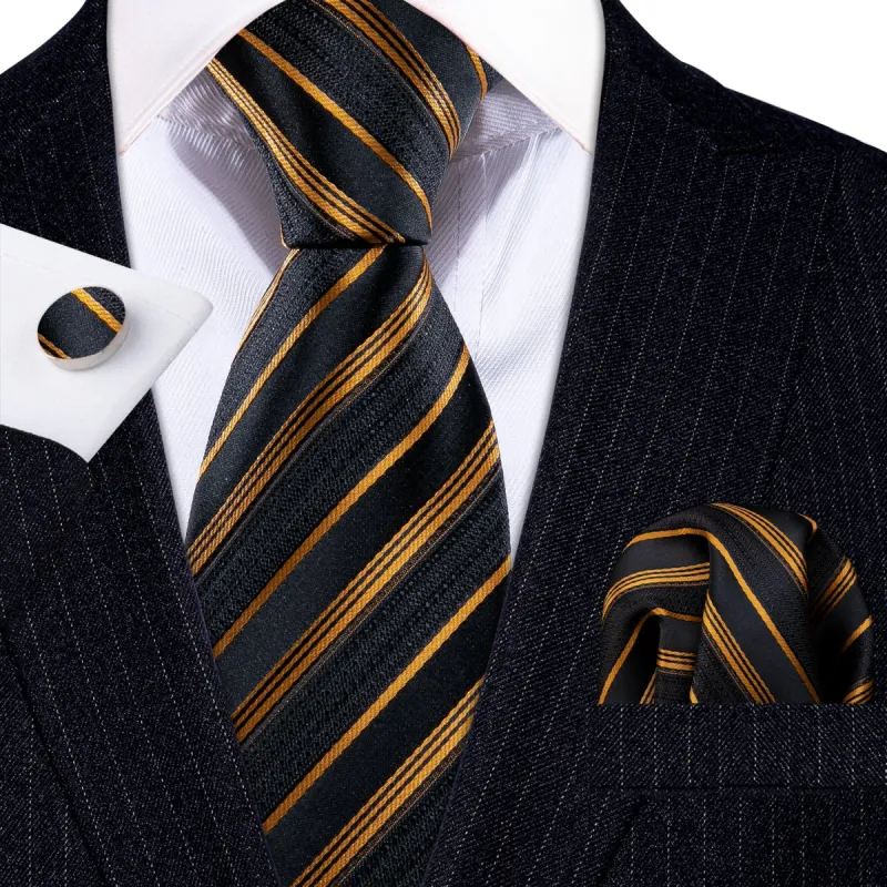 Barry. Wang Gold Black Striped Silk Tie Handkerchief Cufflinks Set sold by Barrywang