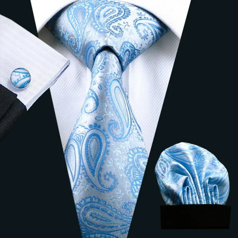 Barry Wang Light Blue Tie Silk Men's Tie Pocket Square Cufflinks Set sold by Barrywang