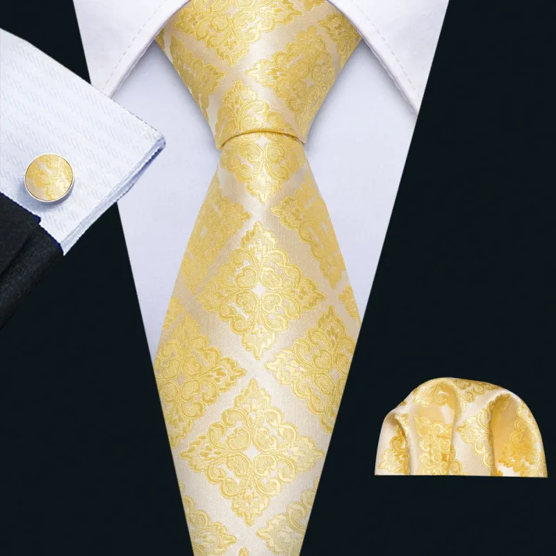 Barry Wang Light Yellow Golden Floral Tie Pocket Square Cufflinks Set sold by Barrywang
