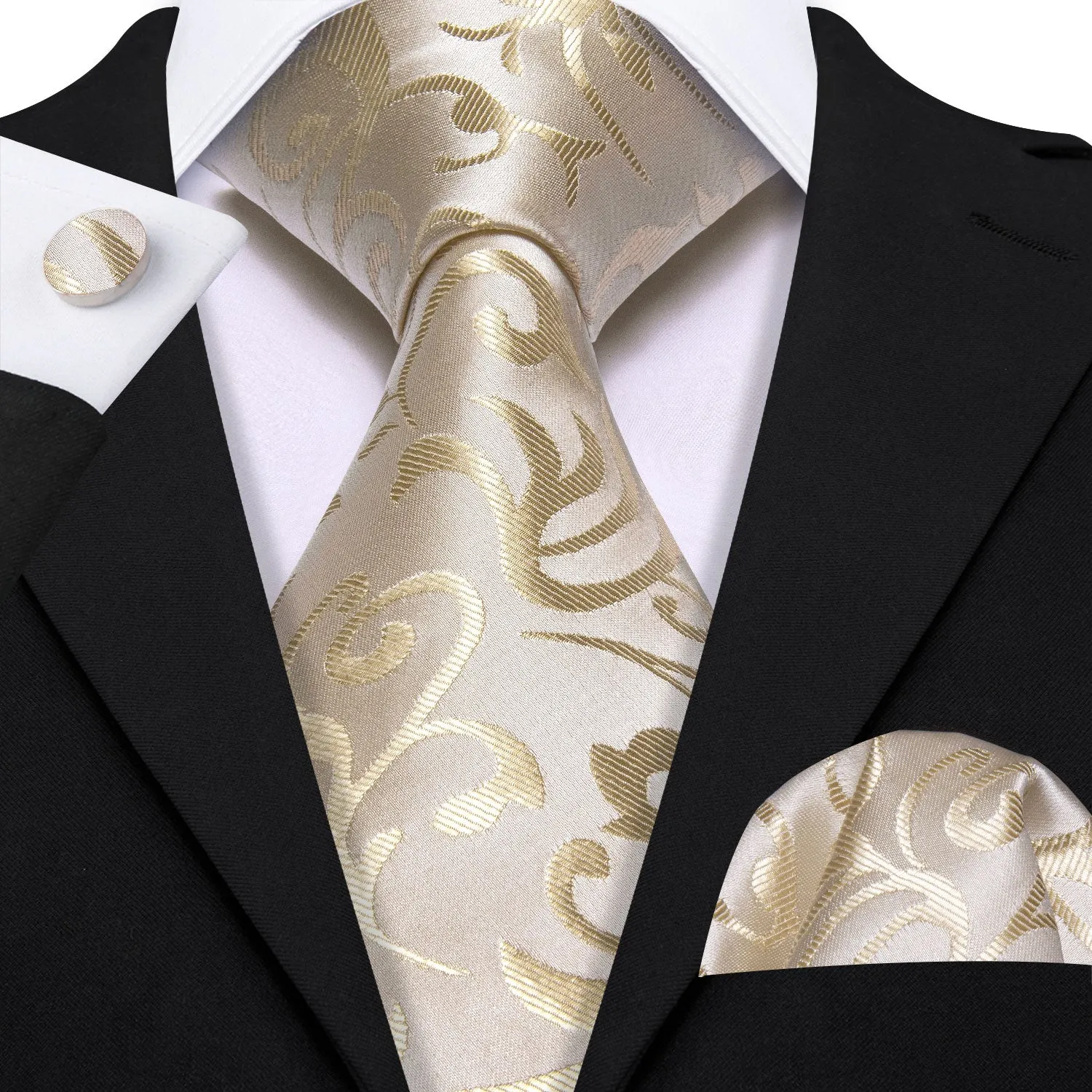 Barry Wang Tan Floral Silk Necktie Pocket Square Cufflinks Set for Men sold by Barrywang product image thumbnail 2