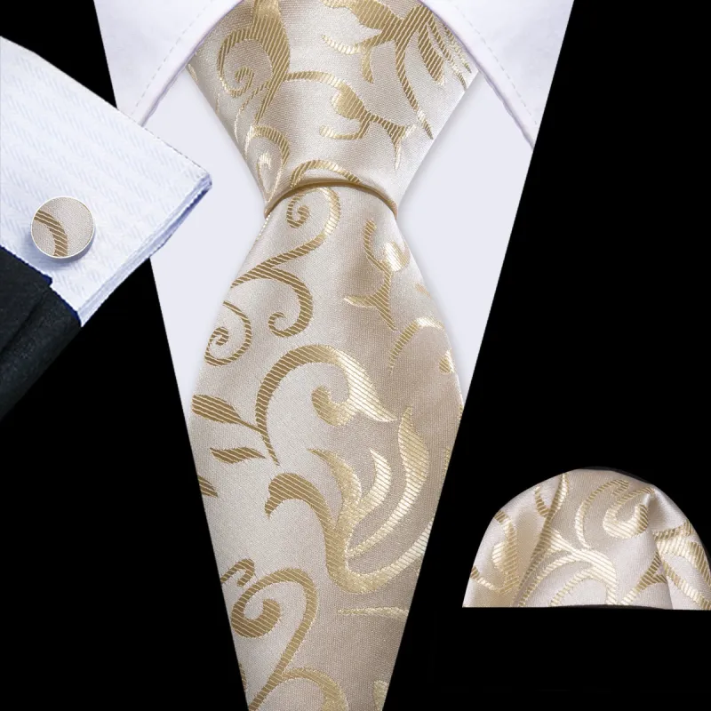 Barry Wang Tan Floral Silk Necktie Pocket Square Cufflinks Set for Men sold by Barrywang