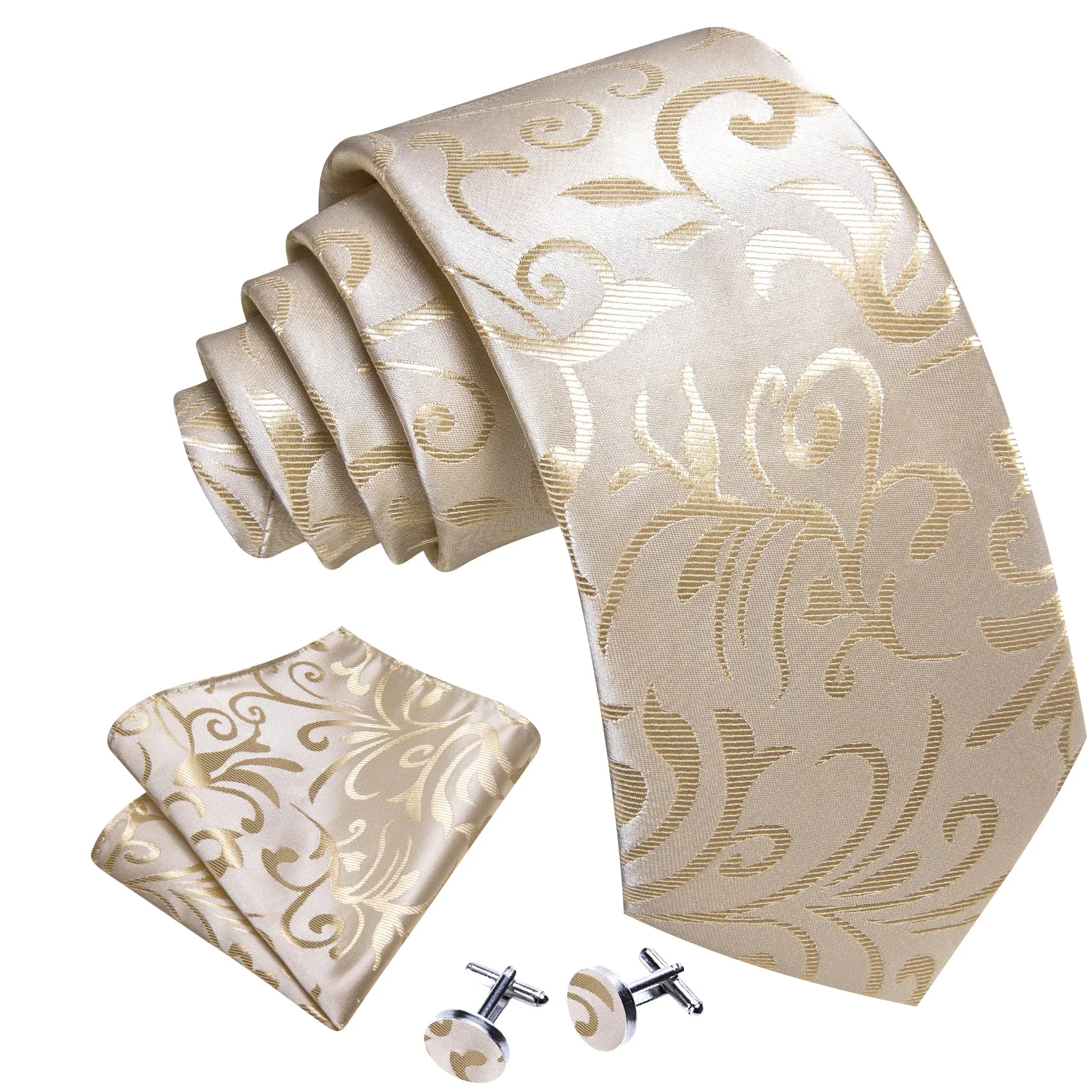 Barry Wang Tan Floral Silk Necktie Pocket Square Cufflinks Set for Men sold by Barrywang product image thumbnail 3