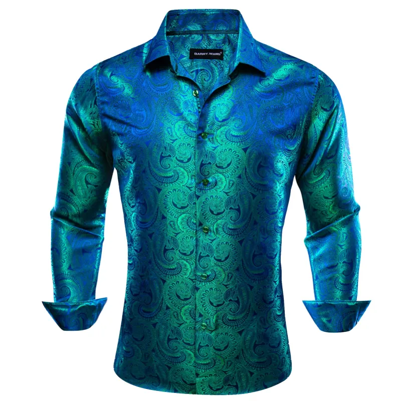 Barry. Wang Blue Teal Green Shirt Men's Button Up Paisley Dress Shirt sold by Barrywang