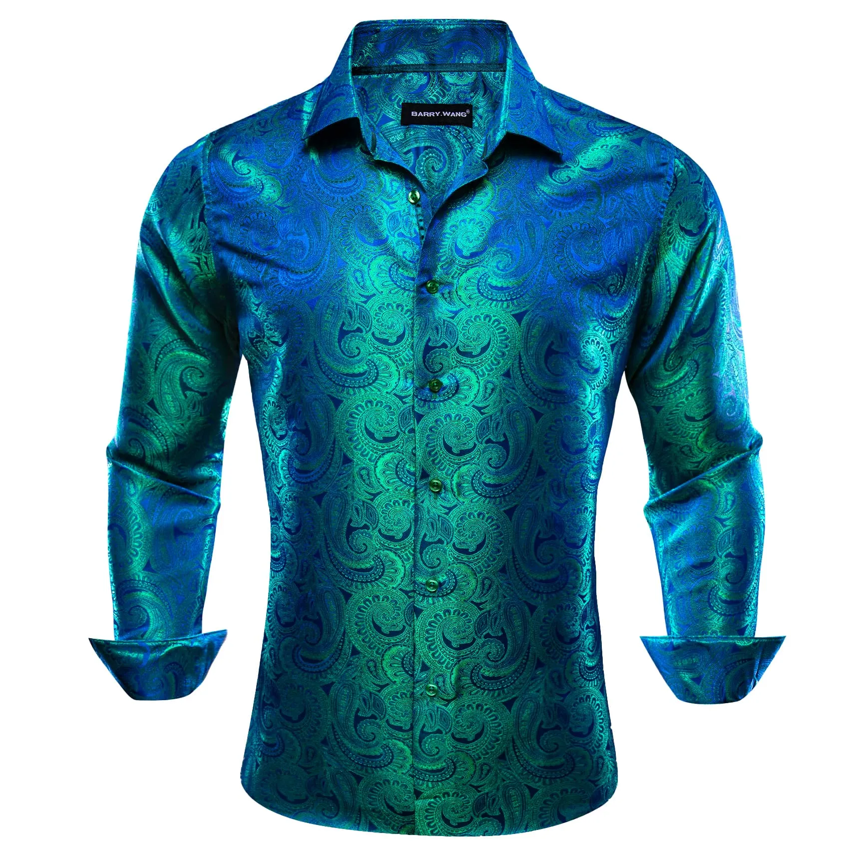 Barry. Wang Blue Teal Green Shirt Men's Button Up Paisley Dress Shirt sold by Barrywang