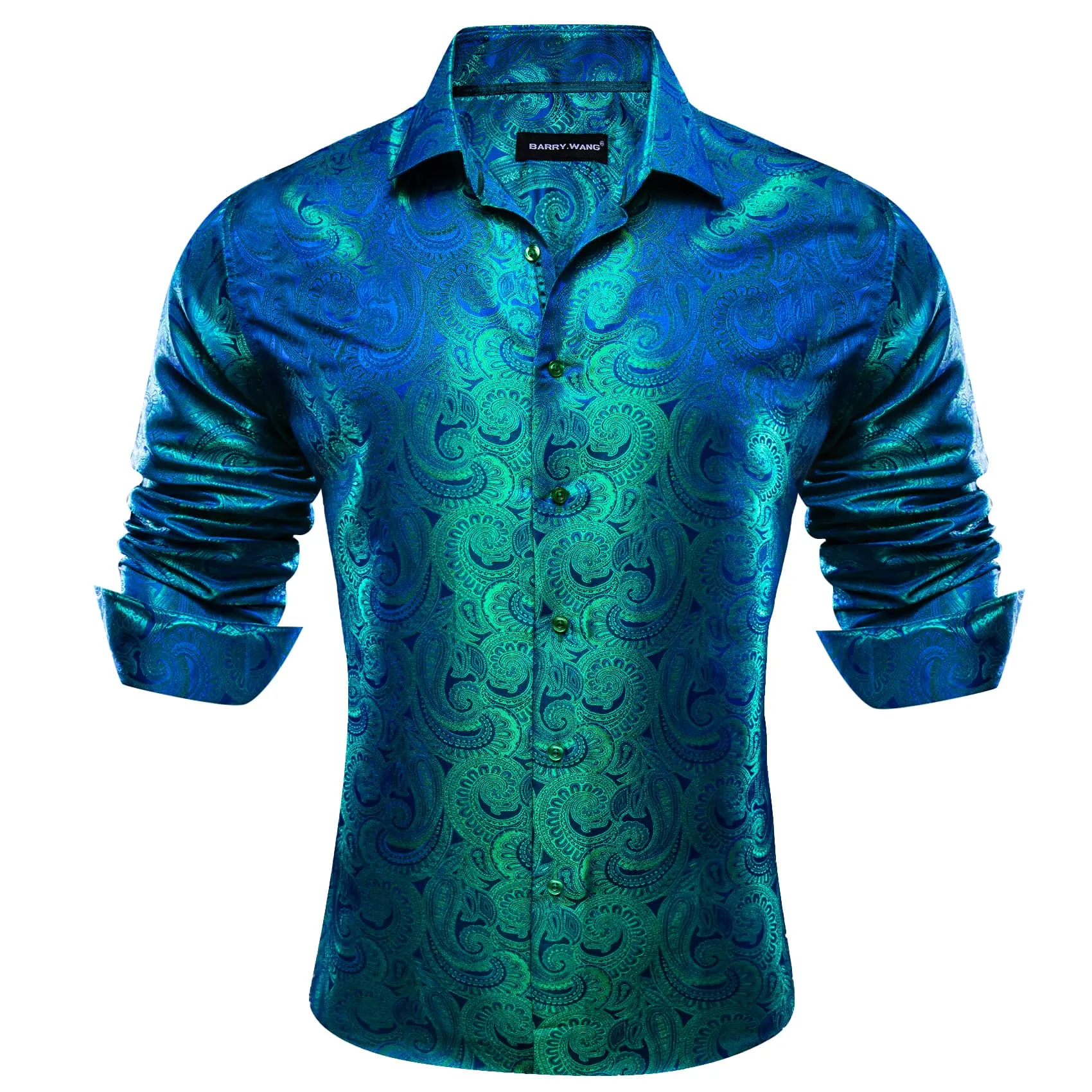 Barry. Wang Blue Teal Green Shirt Men's Button Up Paisley Dress Shirt sold by Barrywang product image thumbnail 2