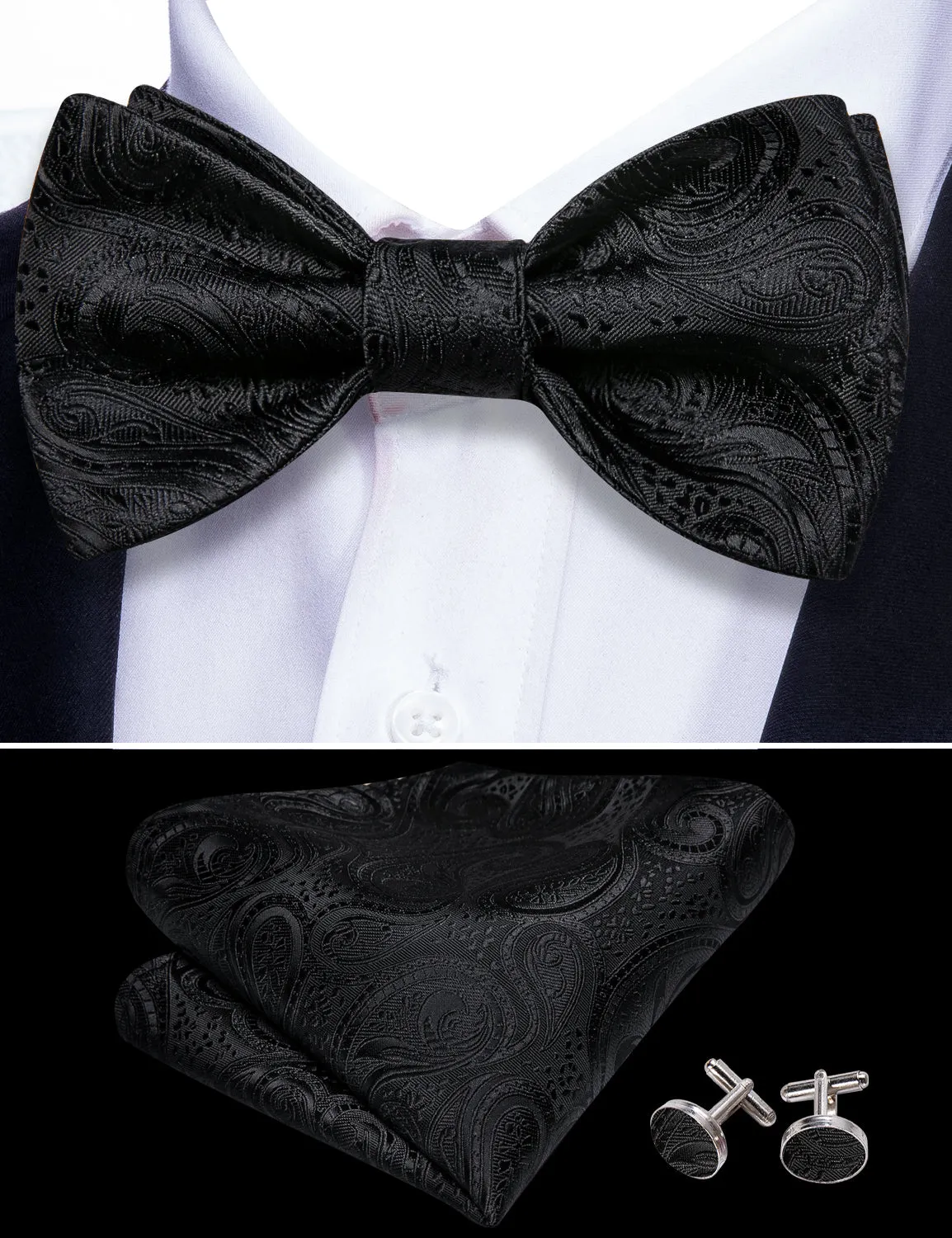 Barry. Wang Classy Black Floral Bow Tie Hanky Cufflinks Set sold by Barrywang product image thumbnail 4