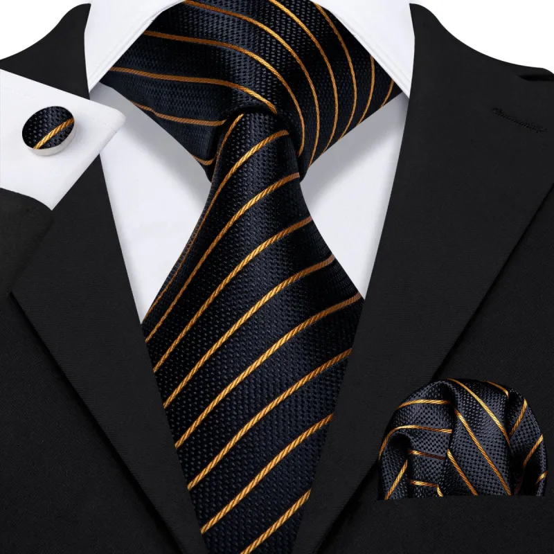 Gold Stripe Black Formal Tie Pocket Square Cufflinks Set sold by Barrywang
