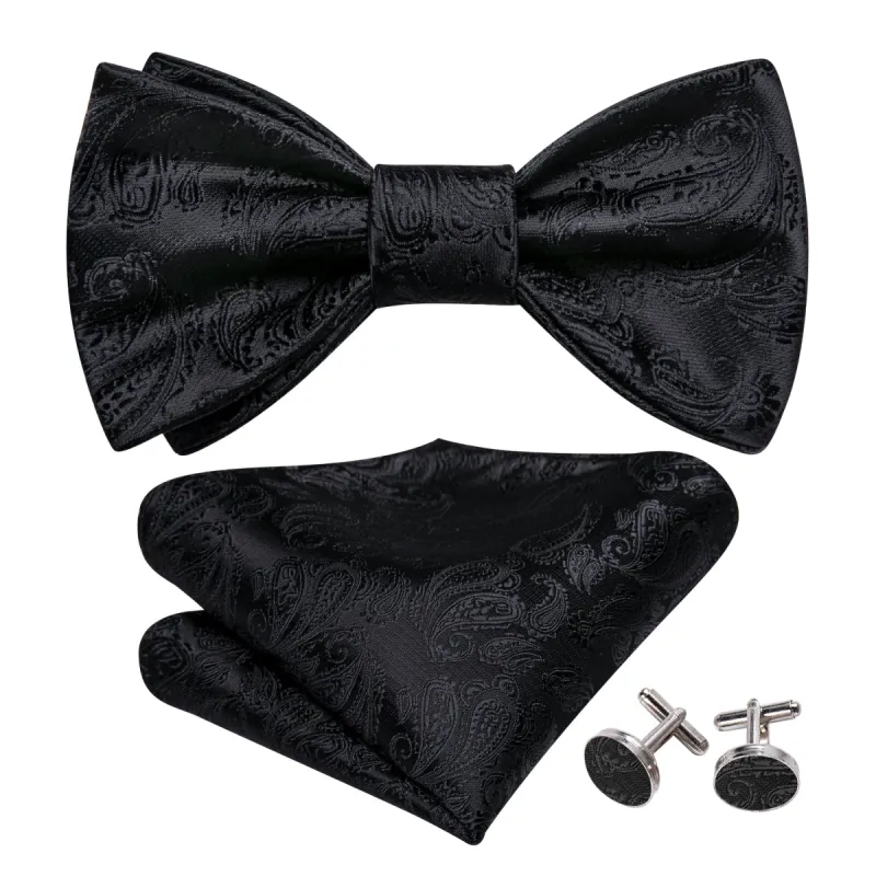 Luxury Black Paisley Bow Tie Hanky Cufflinks Set sold by Barrywang