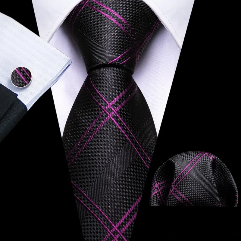 Barry. Wang Black Tie Formal Dark Purple Lines Plaid Men's Necktie Set sold by Barrywang