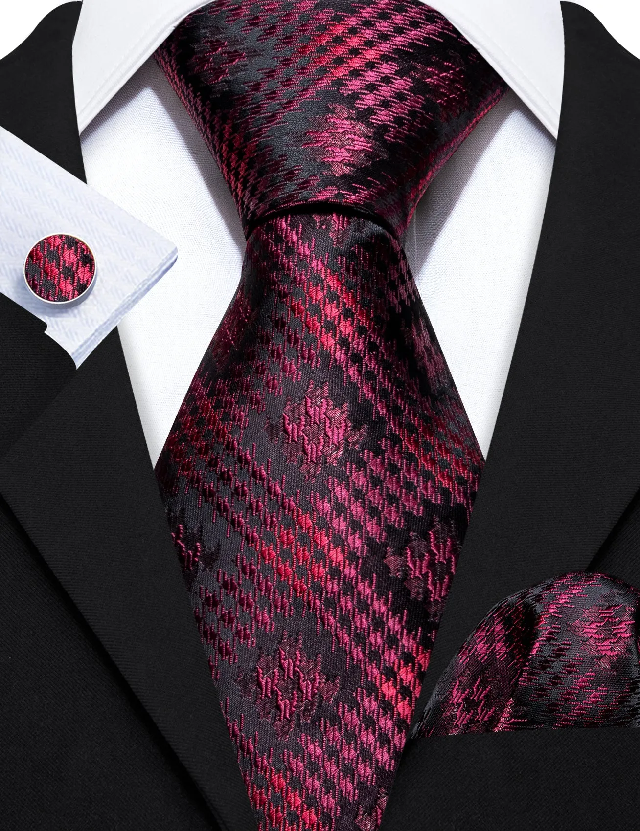 Cyber Monday Flash Sale Barry Wang Black Red Floral Silk Tie Pocket Square Cufflinks Set sold by Barrywang product image thumbnail 4