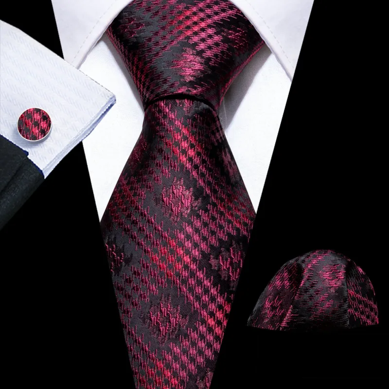 Cyber Monday Flash Sale Barry Wang Black Red Floral Silk Tie Pocket Square Cufflinks Set sold by Barrywang