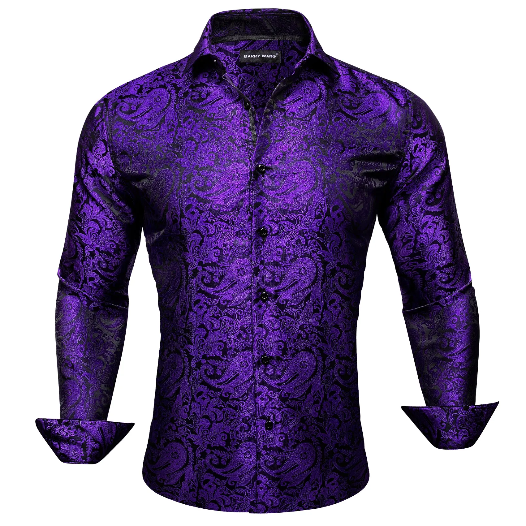 Barry Wang Dark Purple Paisley Silk Men Button Down Formal Dress Shirt sold by Barrywang