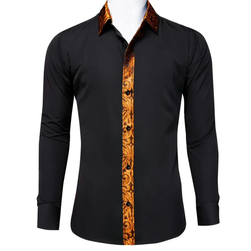 Barry. Wang Black Splicing Shirt Orange Paisley Cuffs Button Up Shirt sold by Barrywang