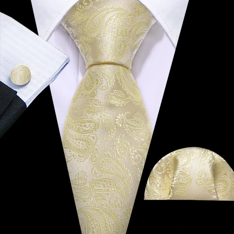 Barry Wang Yellow Silver Silk 63" Extra Long Tie Hanky Cufflinks Set sold by Barrywang