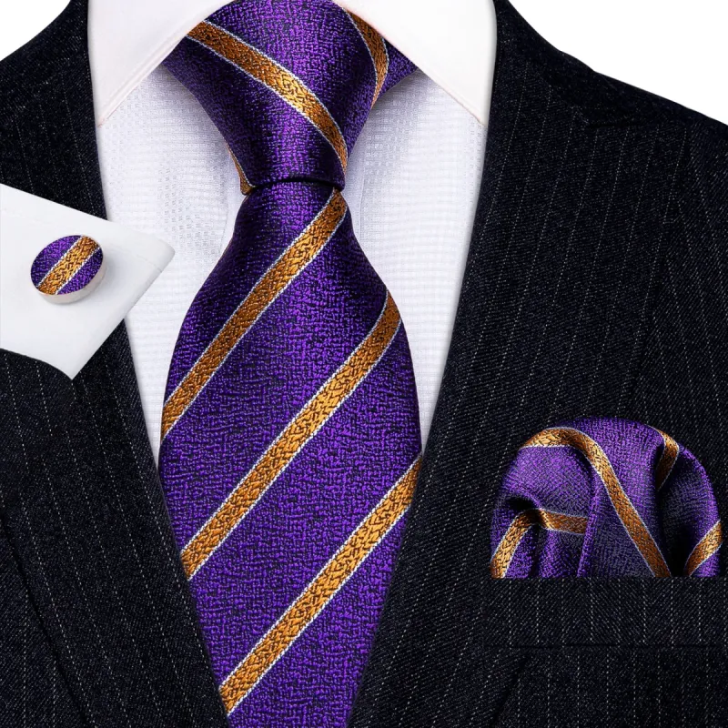 Barry Wang Men's Purple Golden Striped Silk Tie Hanky Cufflinks Set sold by Barrywang