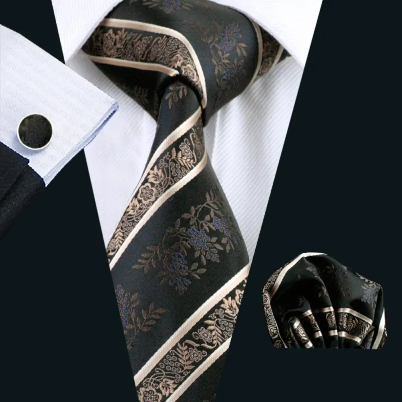 Barry.Wang Black Tie Champagne Beige Floral Men's Tie Hanky Cufflinks Set sold by Barrywang