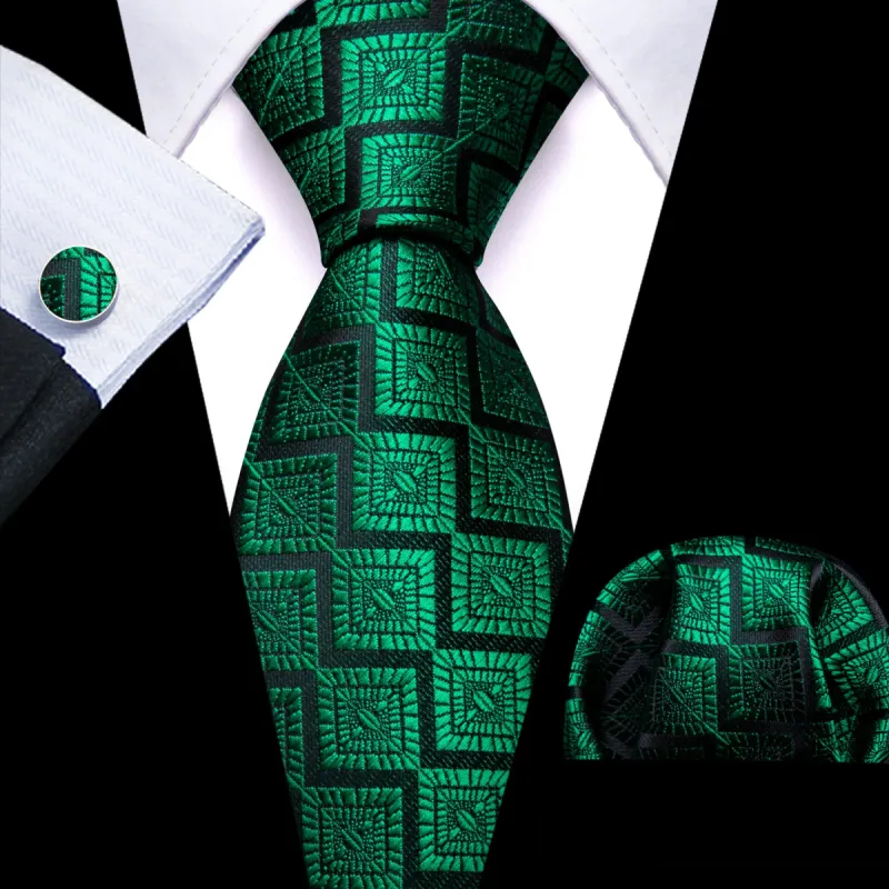 Barry Wang Emerald Green Tie Jacquard Geometric Men's Necktie Set sold by Barrywang