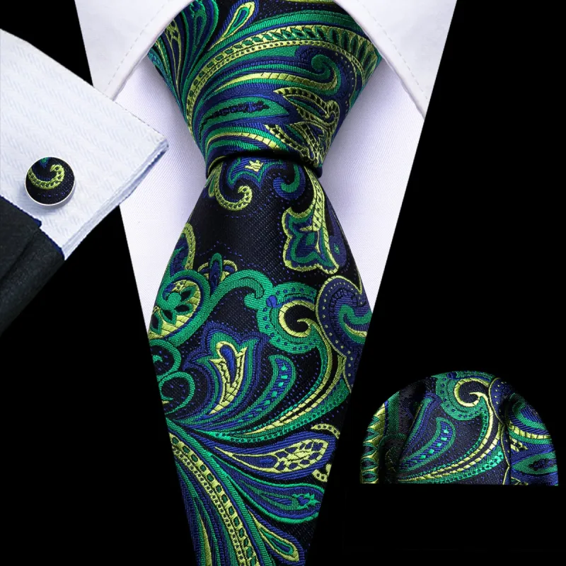 Barry Wang Blue Green Tie Paisley Silk Neck Tie Handkerchief Cufflinks Set sold by Barrywang