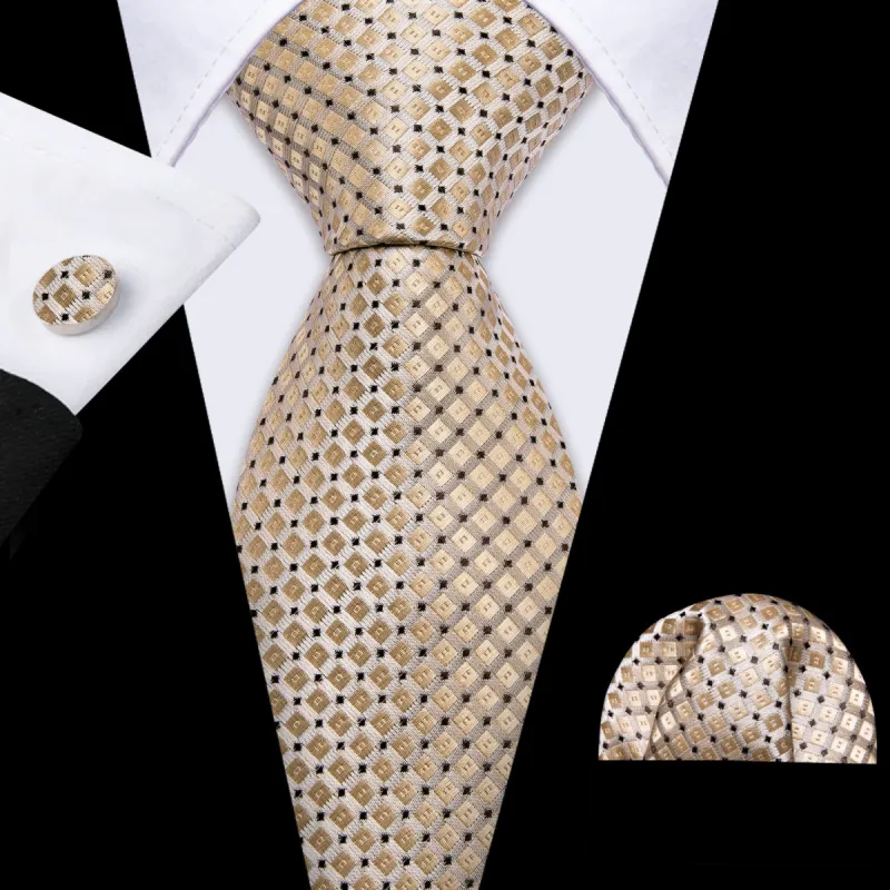 Barry Wang Novetly Tan Plaid Silk Necktie Handkerchief Cufflinks Set sold by Barrywang