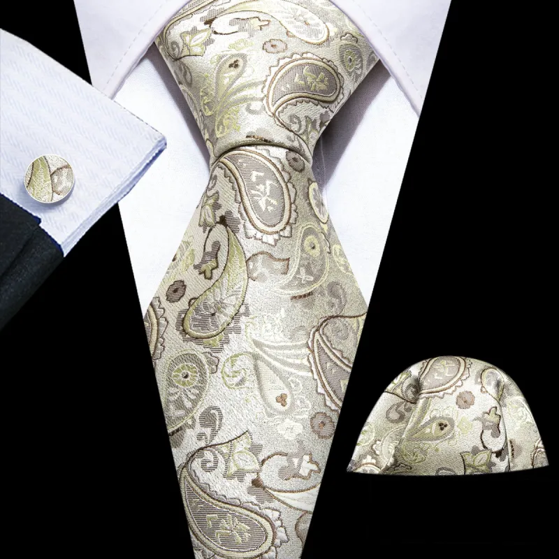 Barry Wang Light Yellow Paisley Silk Tie Handkerchief Cufflinks Set sold by Barrywang