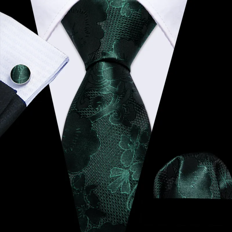 Barry Wang Dark Green Tie Flower Silk Tie Hanky Cufflinks Set sold by Barrywang