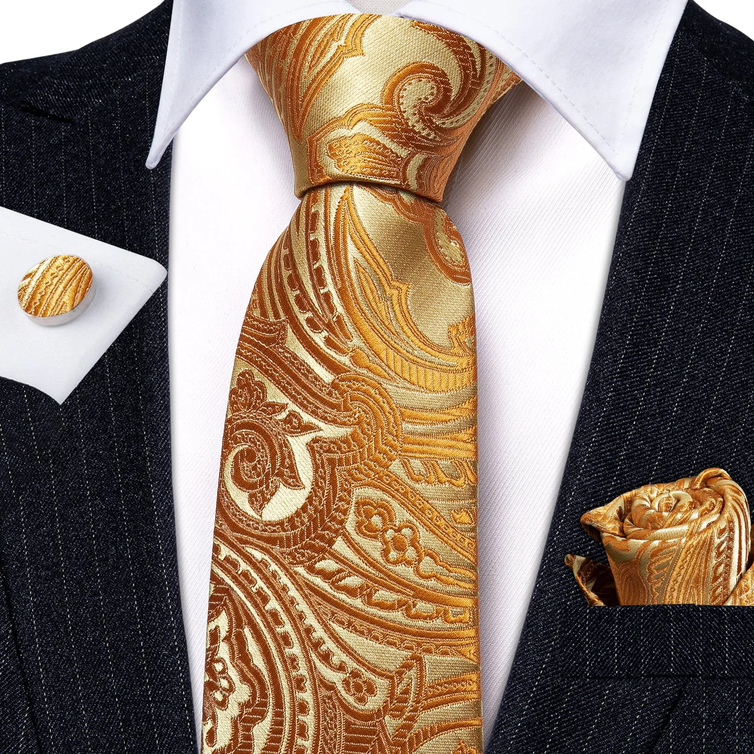 Barry. Wang Yellow Paisley Mens Silk Wedding Tie Hanky Cufflinks Set sold by Barrywang product image thumbnail 3