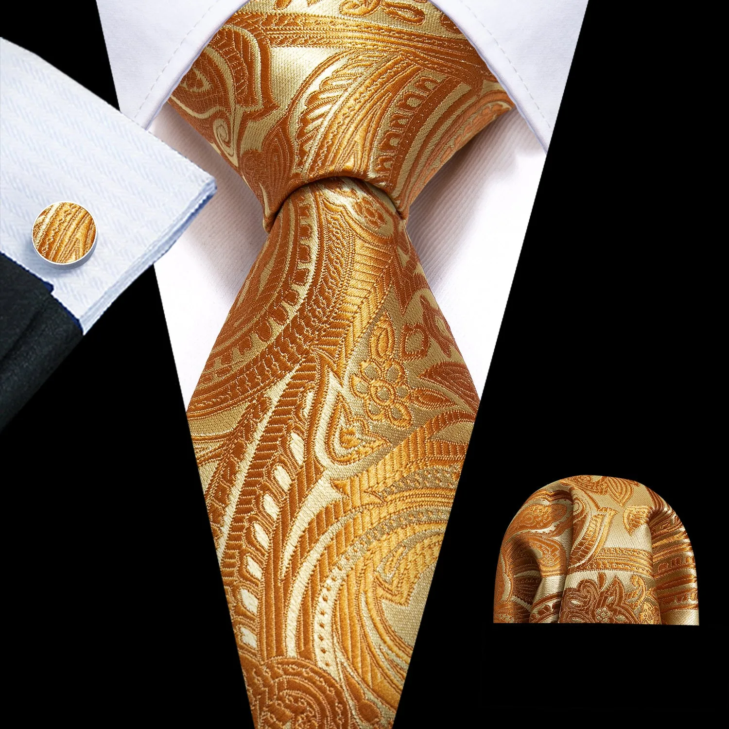 Barry. Wang Yellow Paisley Mens Silk Wedding Tie Hanky Cufflinks Set sold by Barrywang