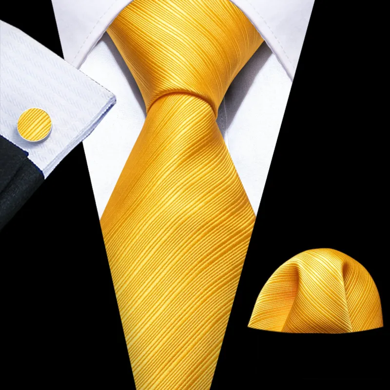 Barry.Wang Yellow Tie Striped Silk Tie Hanky Cufflinks Set sold by Barrywang