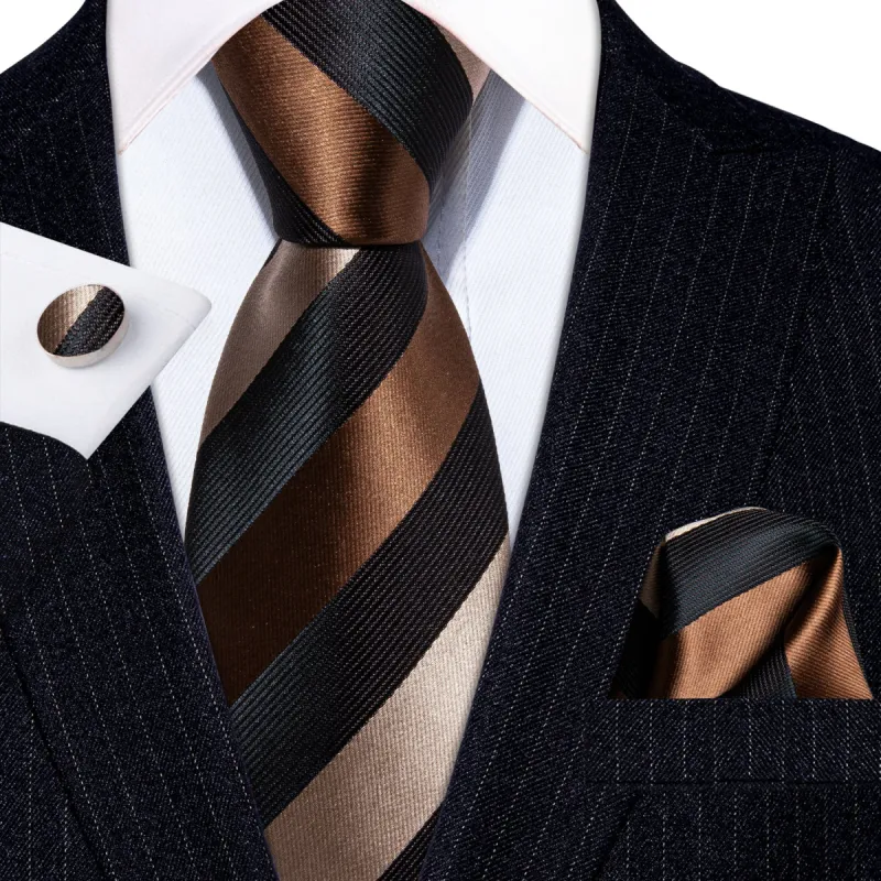 Barry. Wang Brown Black Stripe Silk Men Tie Pocket Square Cufflinks Set sold by Barrywang