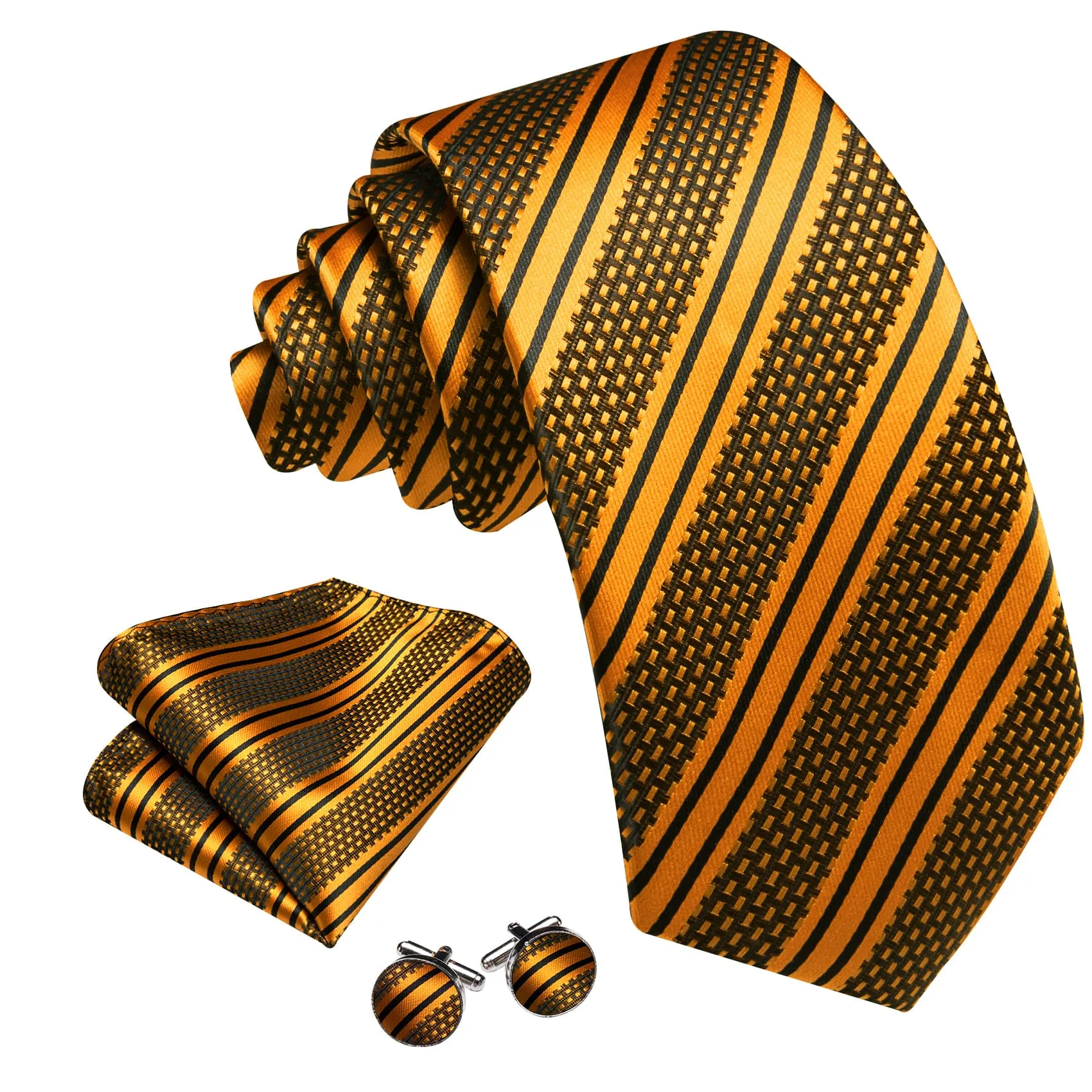 Barry. Wang Mens Striped Tie Gold Necktie Set with Black Stripes sold by Barrywang product image thumbnail 4