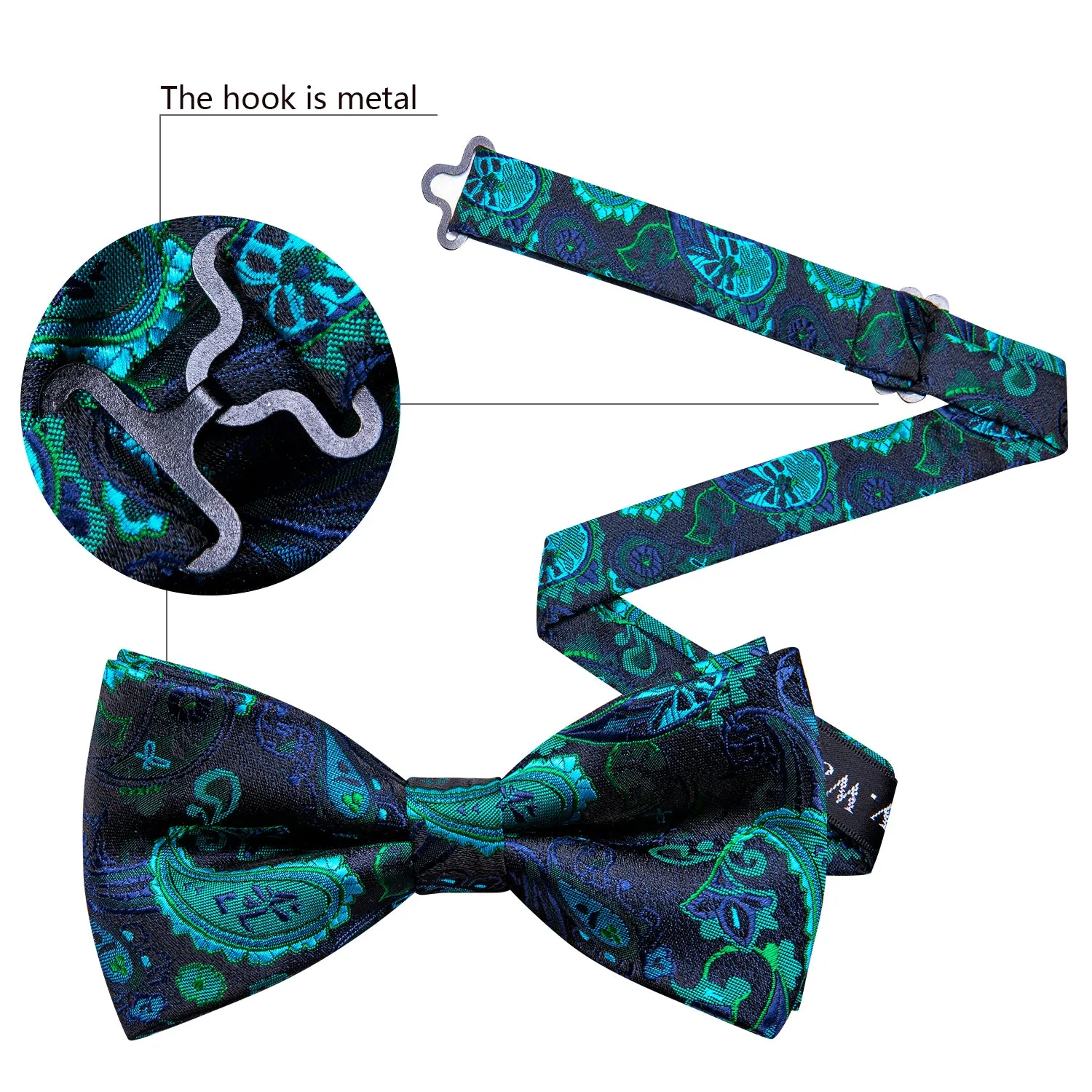 Teal Blue Paisley Pre-tied Bow Tie Hanky Cufflinks Set sold by Barrywang product image thumbnail 2