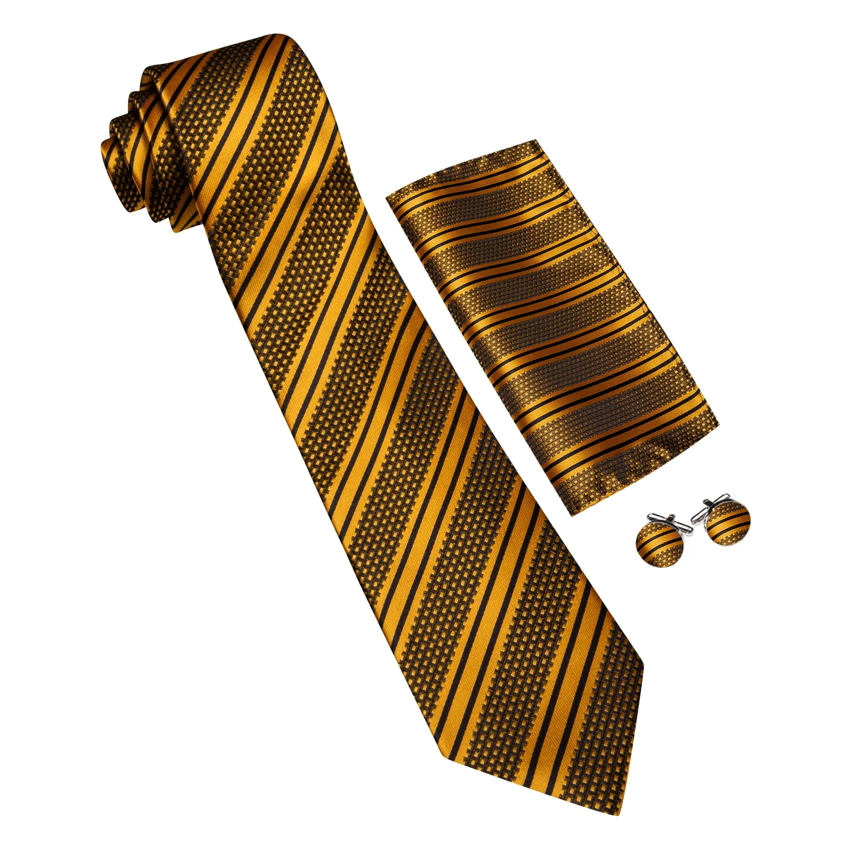 Barry. Wang Mens Striped Tie Gold Necktie Set with Black Stripes sold by Barrywang product image thumbnail 5