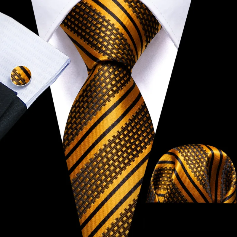 Barry Wang Mens Striped Tie Gold Necktie Set with Black Stripes sold by Barrywang