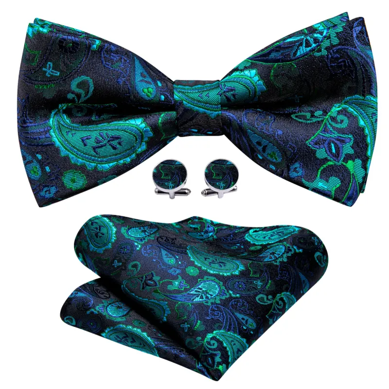 Teal Blue Paisley Pre-tied Bow Tie Hanky Cufflinks Set sold by Barrywang
