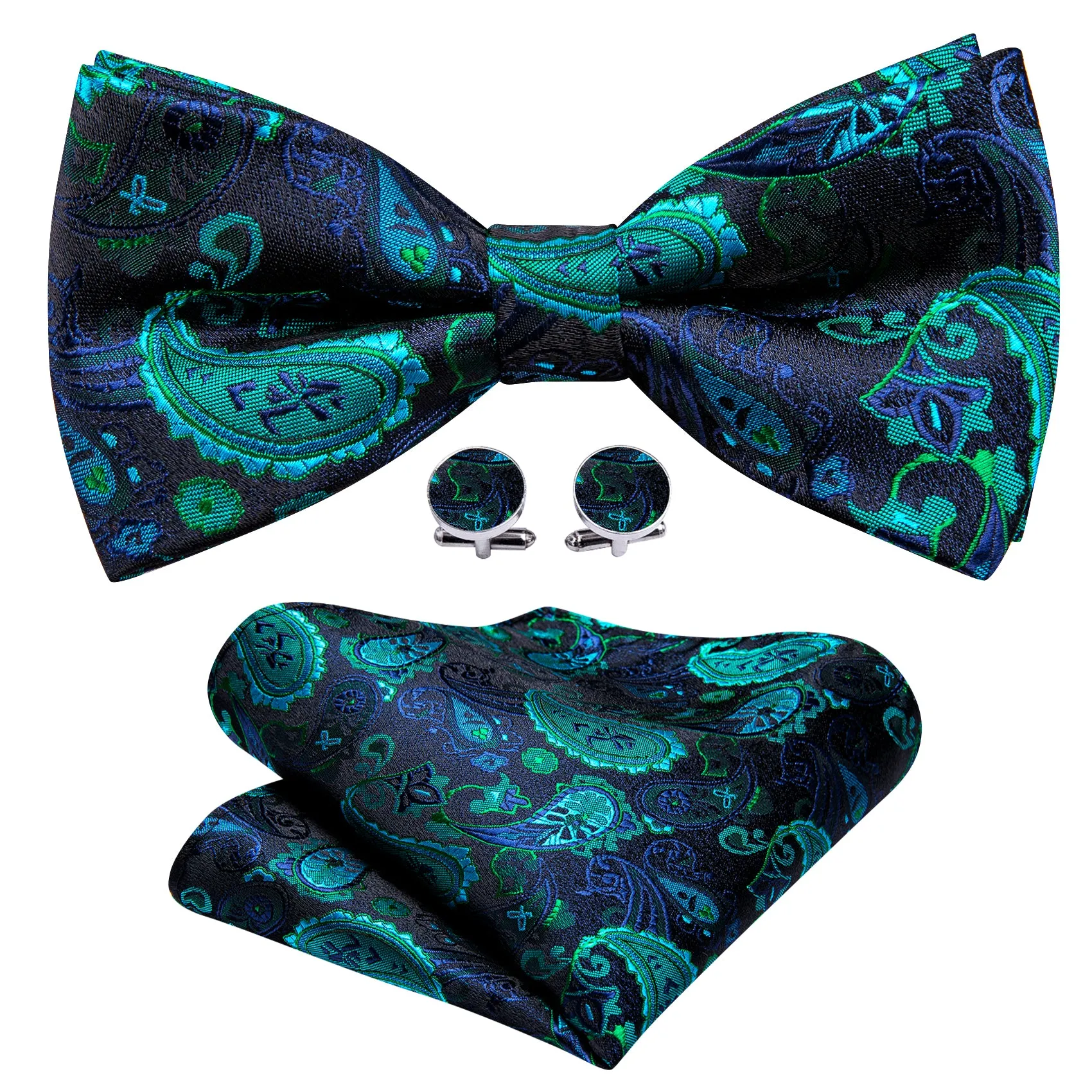 Teal Blue Paisley Pre-tied Bow Tie Hanky Cufflinks Set sold by Barrywang