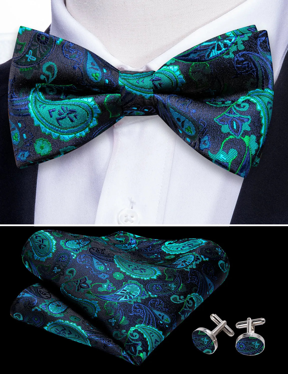 Teal Blue Paisley Pre-tied Bow Tie Hanky Cufflinks Set sold by Barrywang product image thumbnail 4