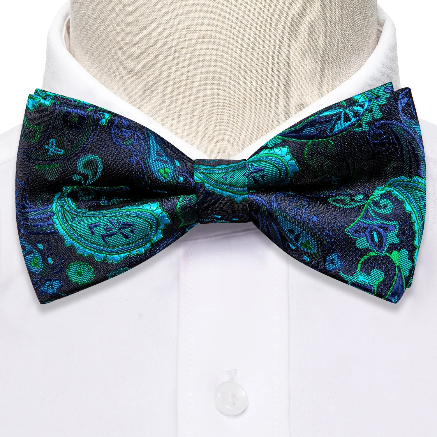 Teal Blue Paisley Pre-tied Bow Tie Hanky Cufflinks Set sold by Barrywang product image thumbnail 5