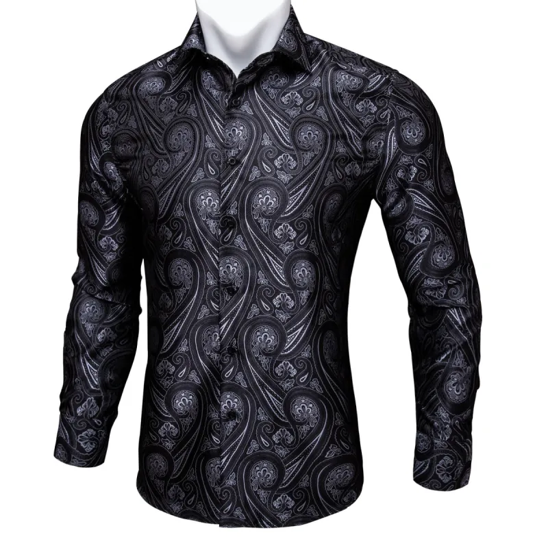 Barry.Wang Button Down Shirt Black Grey Floral Long Sleeve Shirt sold by Barrywang