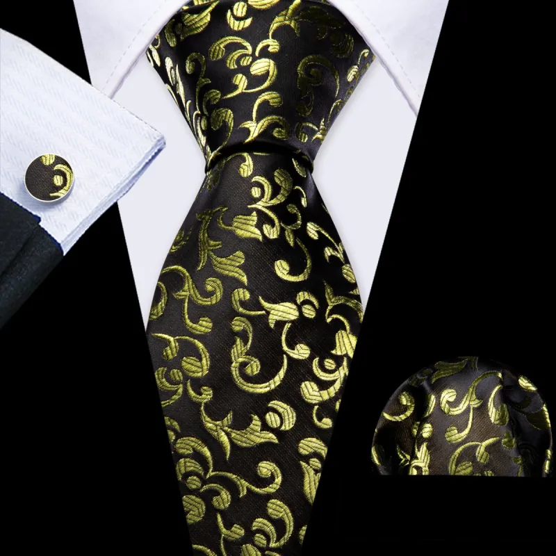 Barry Wang Men Black Yellow Floral Silk Tie Handkerchief Cufflinks Set sold by Barrywang