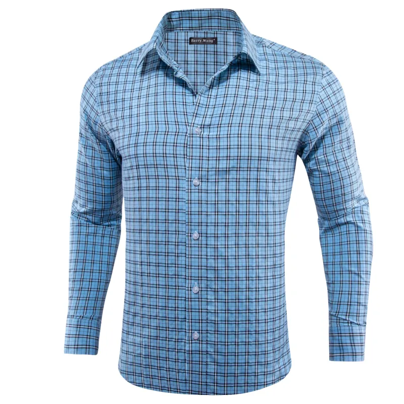 Barry.wang Sea Blue Plaid Men's Shirt sold by Barrywang