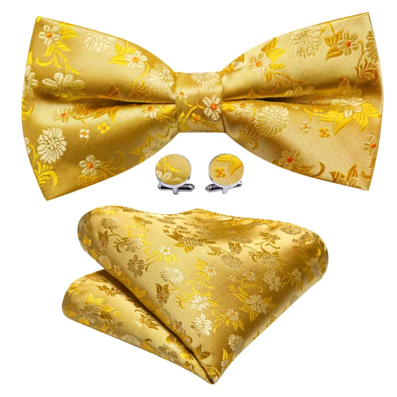 Barry Wang Men's Gold Floral Pre-tied Bow Tie Hanky Cufflinks Set sold by Barrywang