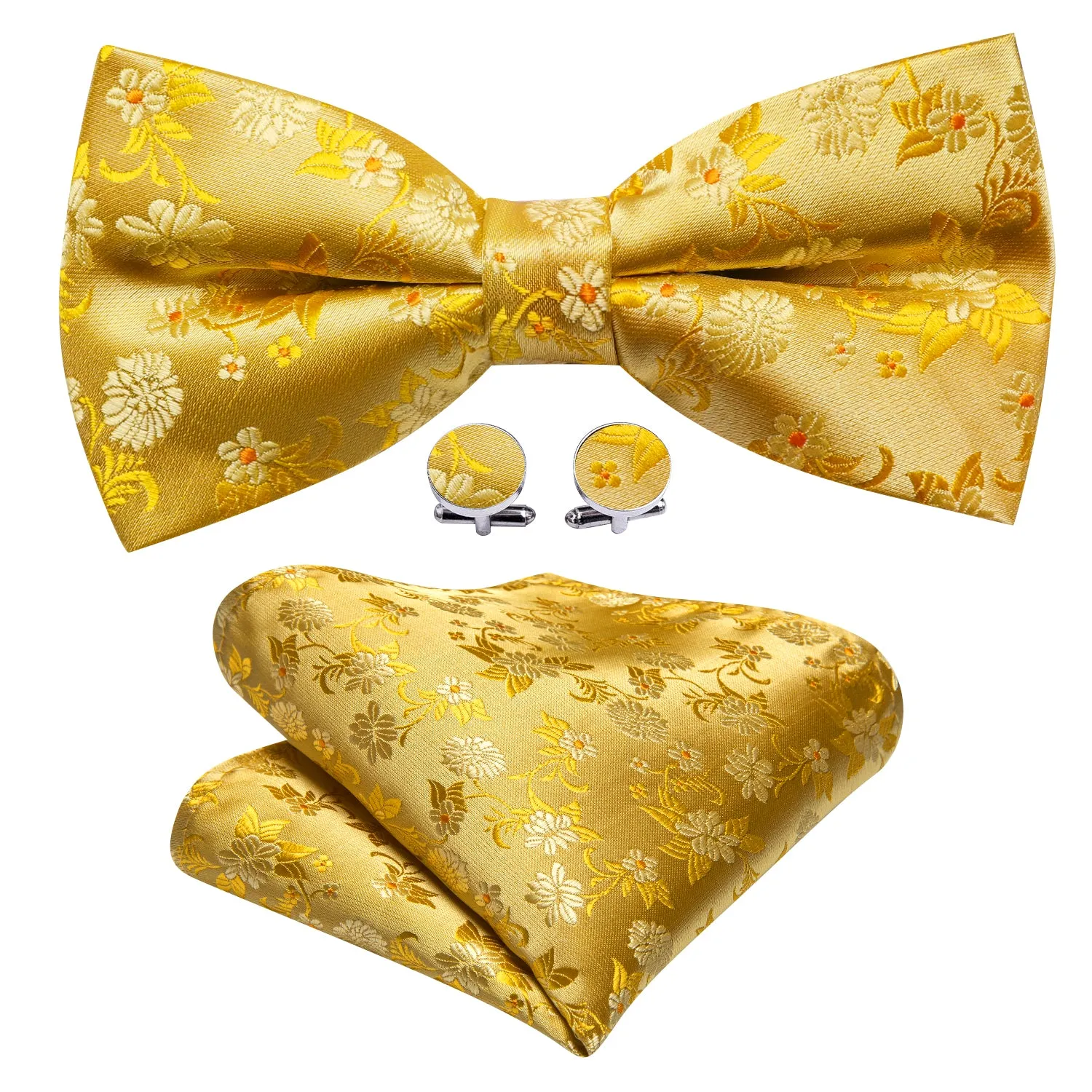 Barry Wang Men's Gold Floral Pre-tied Bow Tie Hanky Cufflinks Set sold by Barrywang