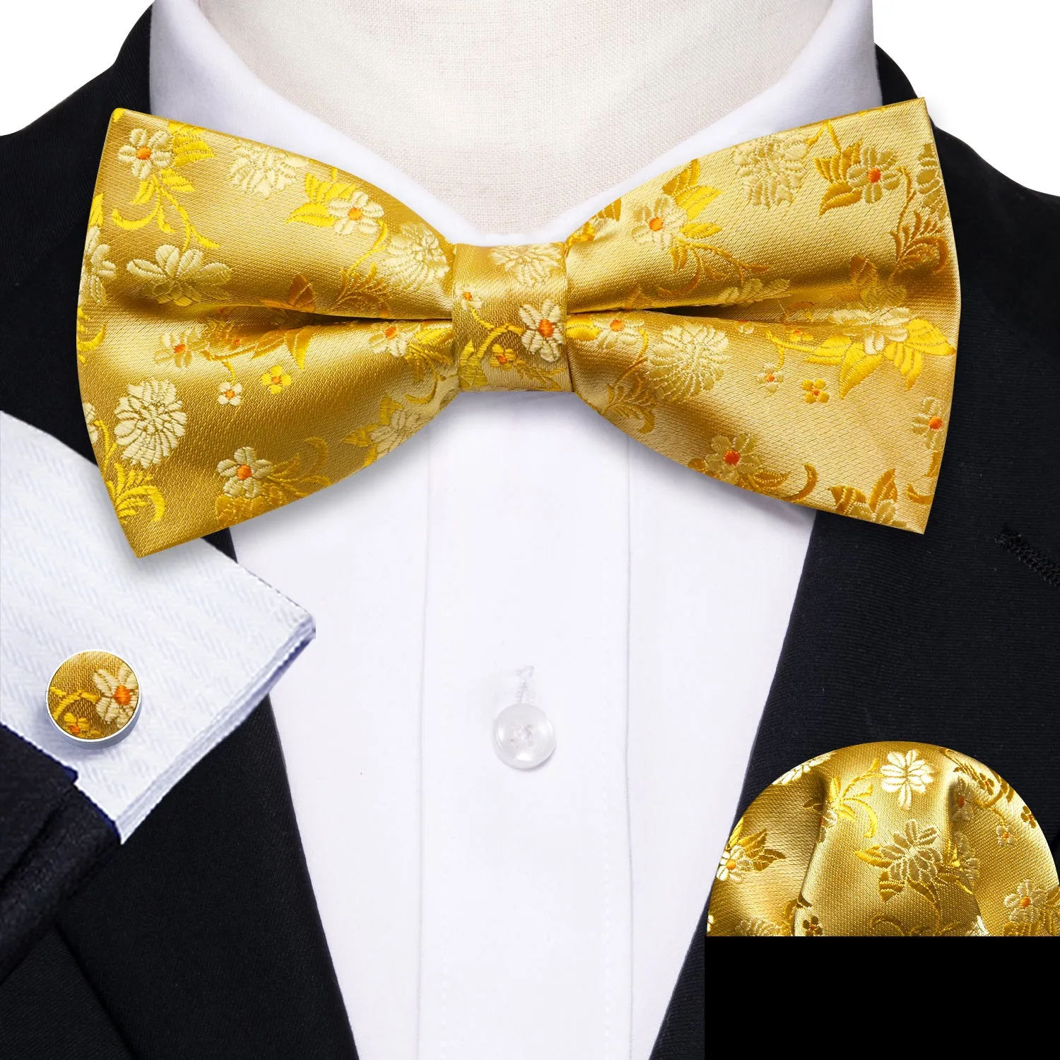 Barry Wang Men's Gold Floral Pre-tied Bow Tie Hanky Cufflinks Set sold by Barrywang product image thumbnail 2