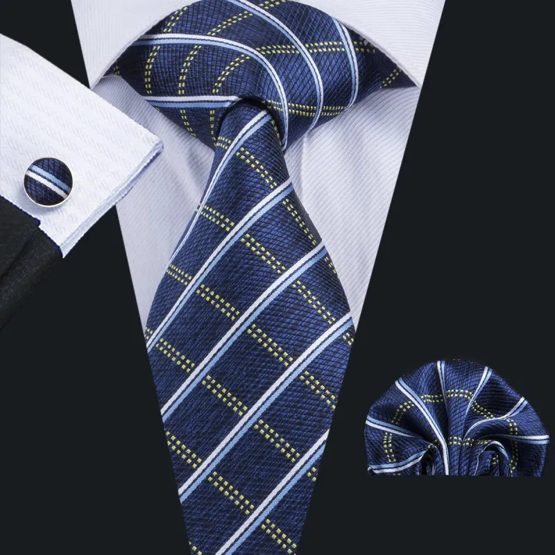 Barry. Wang Royal Blue Necktie Plaid Tie Pocket Square Cufflinks Set sold by Barrywang