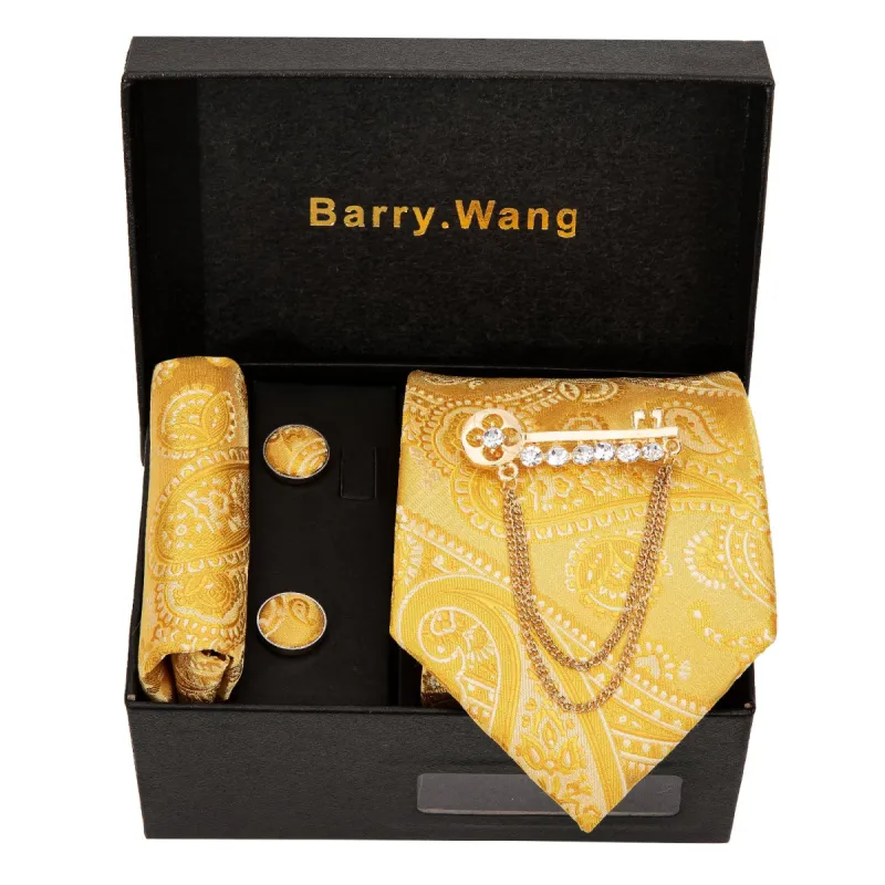 Barry. Wang Gold Color Floral Necktie Alloy Lapel Pin Brooch Pocket Square Cufflinks Gift Box Set sold by Barrywang
